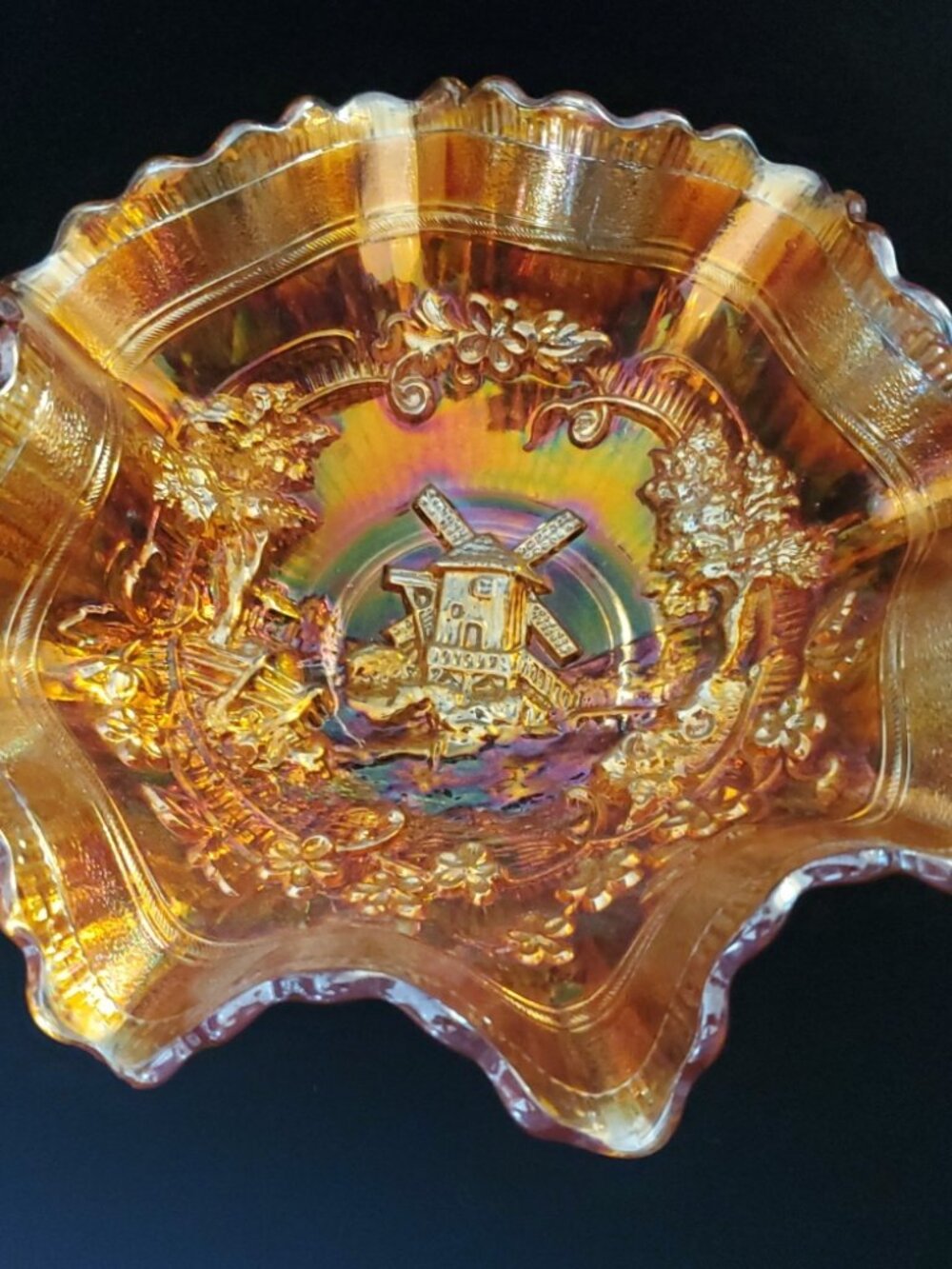 Vintage Imperial Marigold Carnival Glass Windmill Ruffled Scalloped Edge Bowl